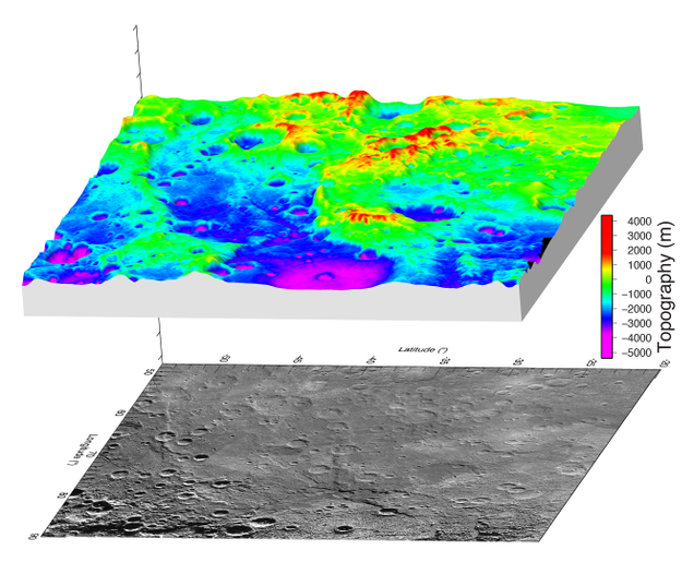 A high-resolution elevation model derived from MESSENGER image reveals Mercury’s Great Valley, in blue, cutting between two large fault scarps and intersecting a crater. Image: NASA/Johns Hopkins University Applied Physics Laboratory/Carnegie Institution of Washington/DLR/Smithsonian Institution